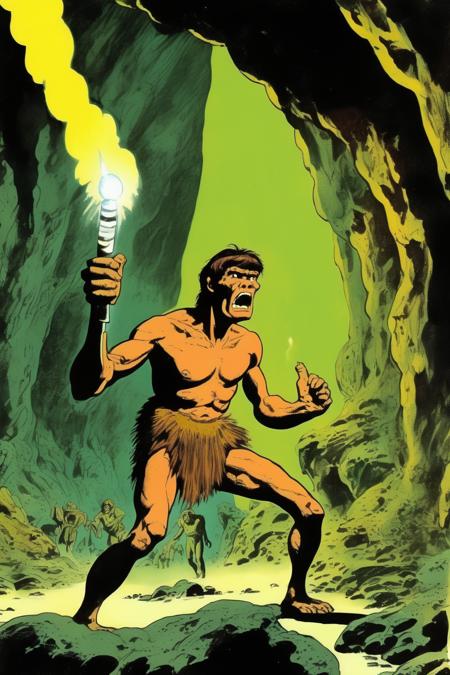 00166-1260985109-_lora_Ralph Bakshi Style_1_Ralph Bakshi Style - illustration of 60's scifi comic books, prehistoric man with a torch afraid a sp.png